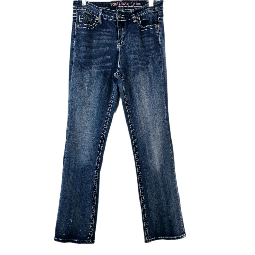 Rebel & Soul Bootcut Jeans Girls 14 Blue Rhinestone Cross Embellished Dark Wash